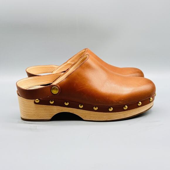 J Crew Shoes Womens 8.5 Brown Leather Clogs Wooden Heel Convertible Studded Mule - Picture 1 of 13